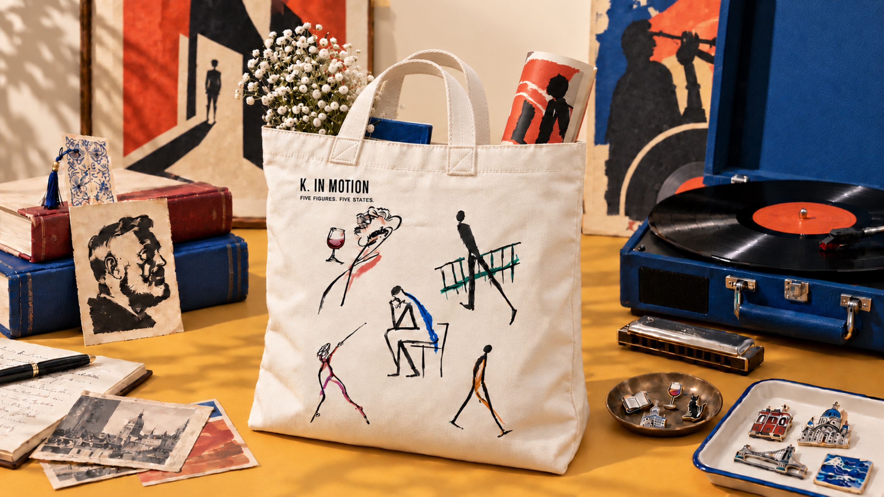 A natural canvas FUEGAH tote surrounded by books, posters, a record player, harmonica and collectible pins
