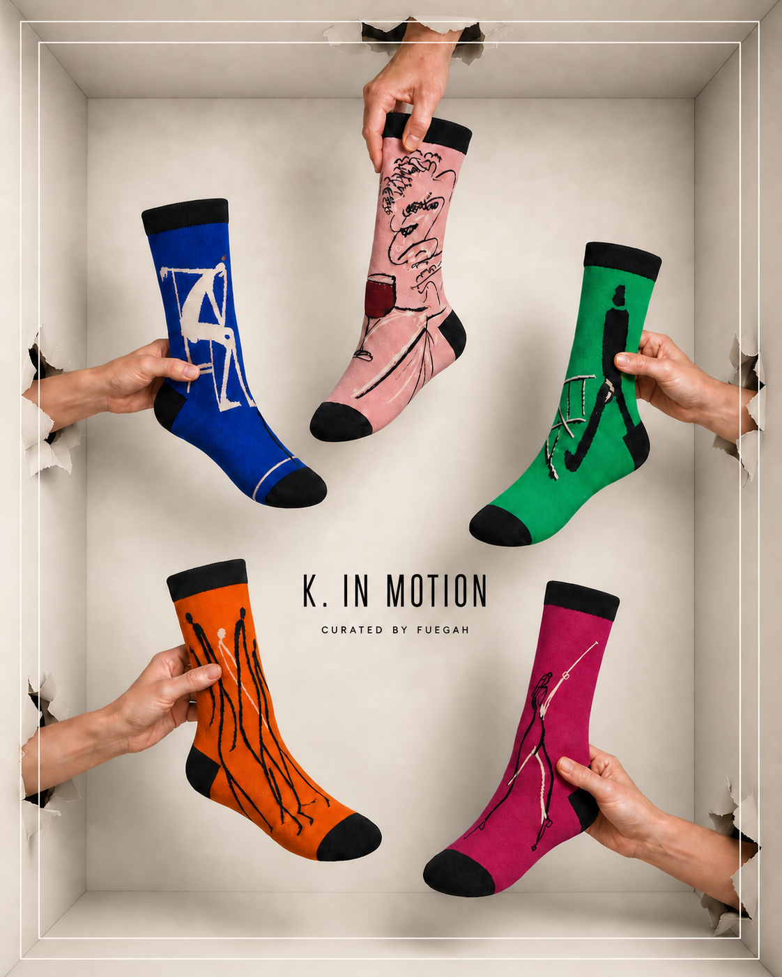 A collage of K. IN MOTION socks and character artwork