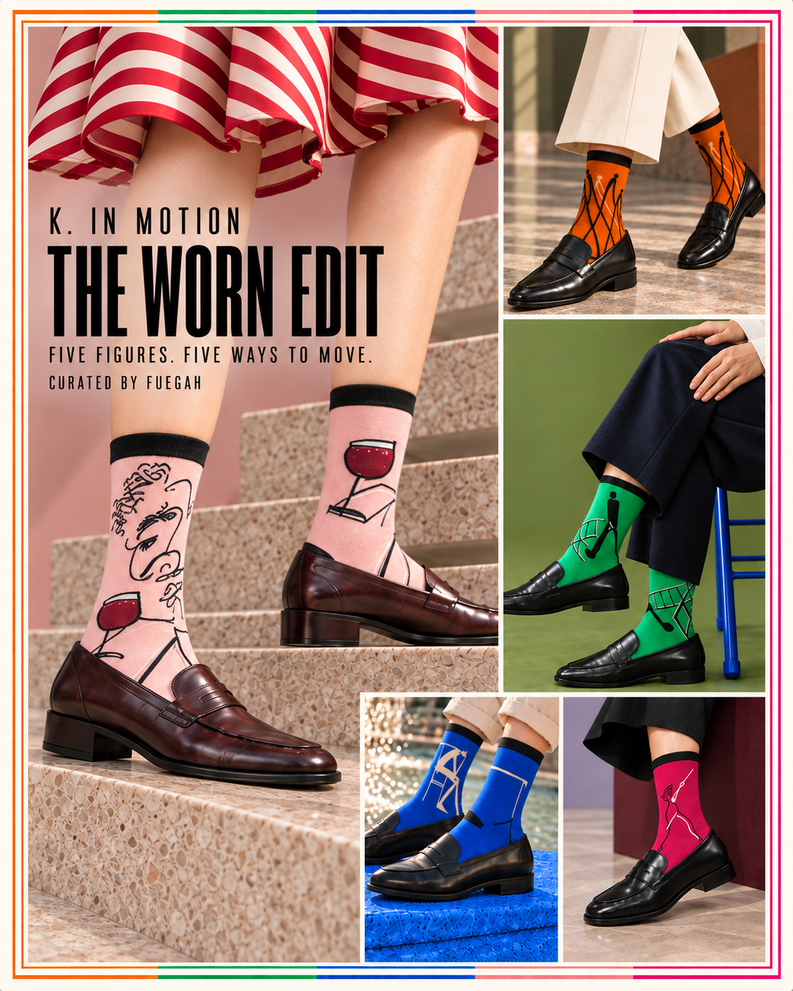 Five colorful K. IN MOTION socks styled with loafers